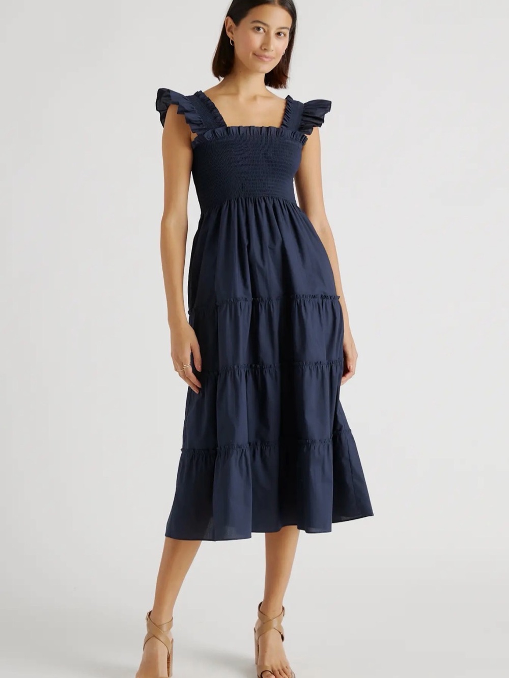 Quince Navy Smocked Tiered Midi Dress